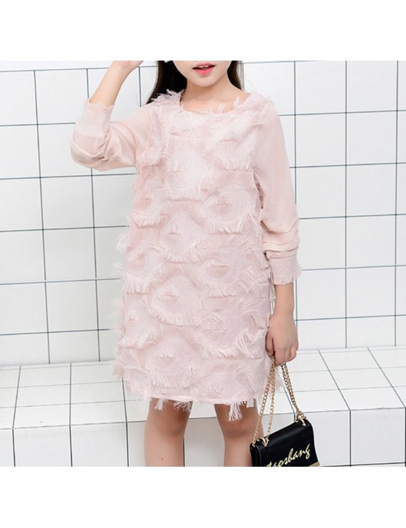 Solid Color Girls Long Sleeve Feather Dress For 4Y-15Y