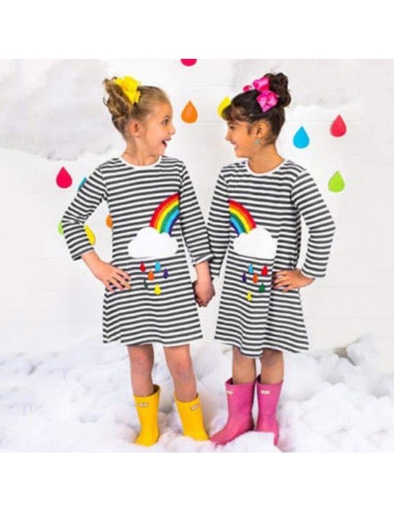 Rainbow Print Girls O-Neck Striped Dress For 2Y-11Y