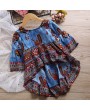 Peacock Pattern Girls Flared Long Sleeve Asymmetrical Princess Dress For 2Y-11Y