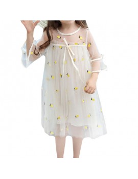 Pineapple Embroidery Girls Short Sleeve Summer Casual Dress For 2Y-9Y