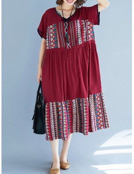 Vintage Ethnic Print Patchwork Short Sleeve Dress