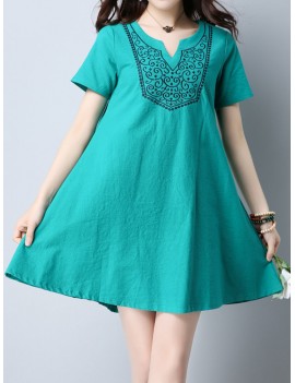 Vintage Women Embroidered V-Neck Short Sleeve Dresses