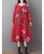 Loose O-neck Floral Print Long Sleeve Vintage Mid-long Dress