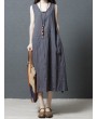 Loose Pockets Pure Color Pleated Sleeveless Vintage Dresses