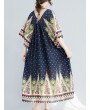 Ethnic Printed High Waist V-neck Vintage Half Sleeve Dresses