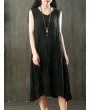 Pure Color Sleeveless O-neck Vintage Mid-Long Dresses