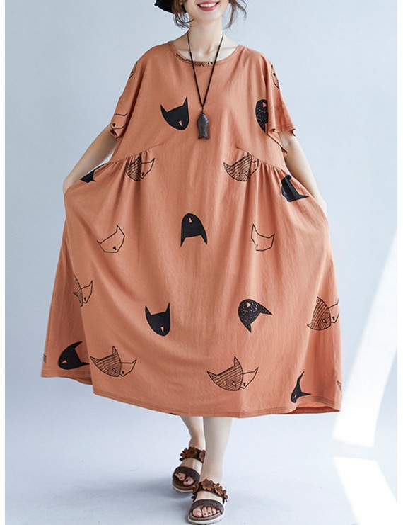 Loose Cat Print Short Sleeve O-neck Vintage Mid-long Dresses