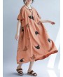 Loose Cat Print Short Sleeve O-neck Vintage Mid-long Dresses