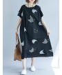 Loose Cat Print Short Sleeve O-neck Vintage Mid-long Dresses