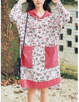 Vintage Floral Pocket Patch Hooded Corduroy Dress