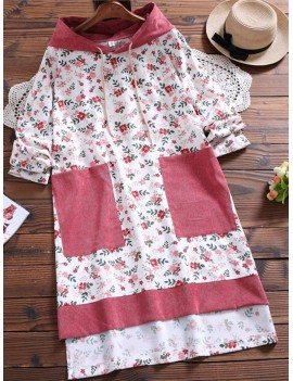 Vintage Floral Pocket Patch Hooded Corduroy Dress