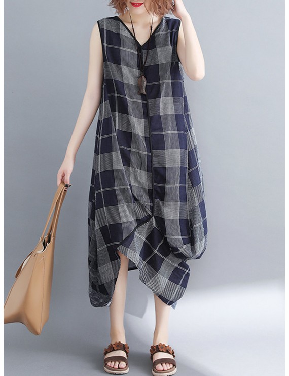 Sleeveless Plaid Print Irregular O-neck Vintage Dresses