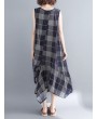 Sleeveless Plaid Print Irregular O-neck Vintage Dresses