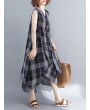 Sleeveless Plaid Print Irregular O-neck Vintage Dresses