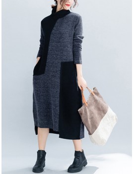 Women Vintage Patchwork Knit Funnel Neck Loose Dress