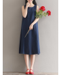 Women Vintage Sleeveless Pure Color Mid-Long Dresses