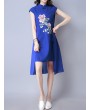 Vintage Floral Print Irregular Frog Button Stand Collar Dress For Women