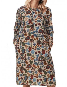 Women Floral Print Pockets Vintage Shift Dress