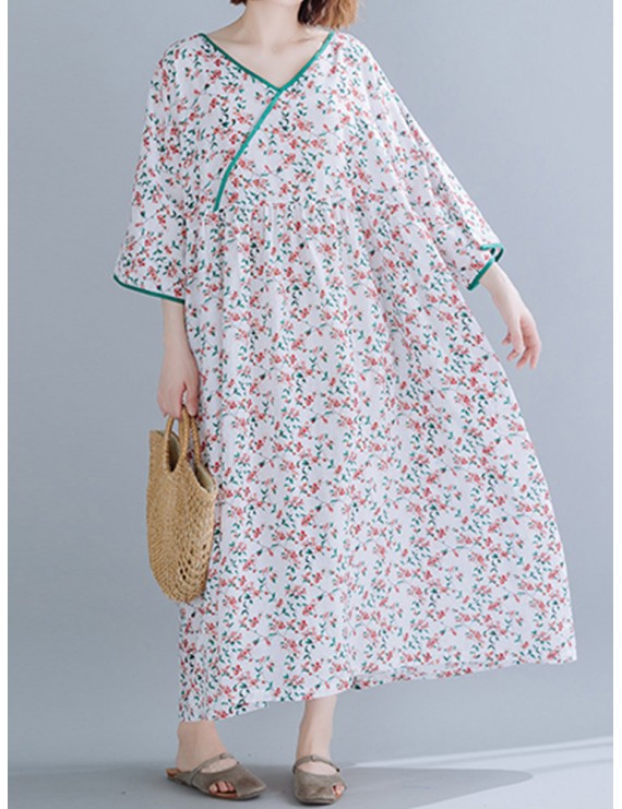 Vintage Floral Printed loose V-neck Dress