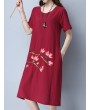 Vintage Floral Embroidery Short Sleeve O-neck Dress For Women