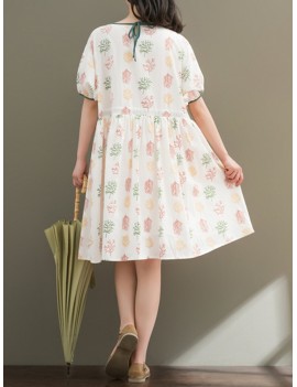 Vintage Women Trees Printed Drawstring Short Sleeve Dresses