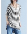 Casual Striped V Neck Slit High Low T-Shirt