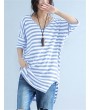 Casual Striped V Neck Slit High Low T-Shirt