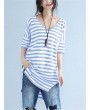 Casual Striped V Neck Slit High Low T-Shirt