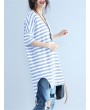 Casual Striped V Neck Slit High Low T-Shirt