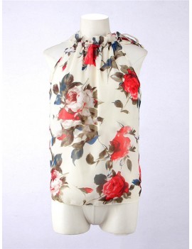 Floral Printed Halter Neck Sleeveless Chiffon T-shirt