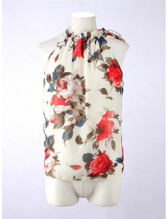 Floral Printed Halter Neck Sleeveless Chiffon T-shirt