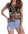 Sexy Floral Embroidered See-through O-neck Sleeveless Women T-shirt