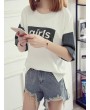 Denim Patchwork Printed Letters Short Sleeve Casual T-Shirts