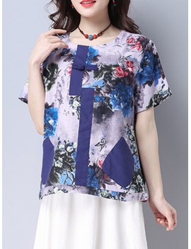 Women Floral Printed Pocket Short Sleeve Vintage T-shirts