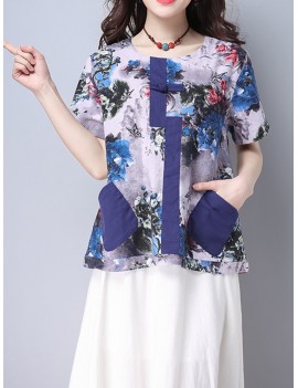 Women Floral Printed Pocket Short Sleeve Vintage T-shirts