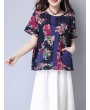 Women Floral Printed Pocket Short Sleeve Vintage T-shirts