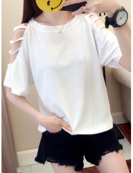 Solid Color Off The Shoulder Short Sleeve O-neck T-Shirts