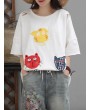 Cat Patch Embroidered Half Sleeve Distressed T-Shirt