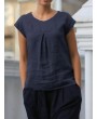 Short Sleeve Pleated Solid Color Casual T-shirt For Women