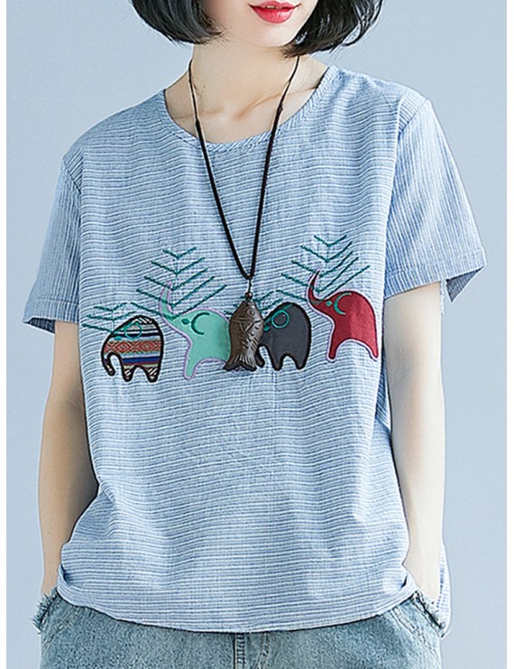 Stripe Elephant Embroidery Short Sleeve Casual T-shirts