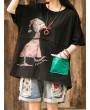 Casual Print Cartoon Patch Half Sleeve T-Shirt For Women