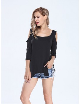 Women Short Sleeve O Neck High Low Sexy Off Shoulder T-Shirt