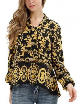 Retro Print Long Sleeve Strap Shirt For Women