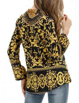 Retro Print Long Sleeve Strap Shirt For Women