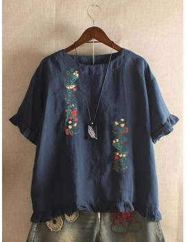 Embroidery Stringy Selvedge Short Sleeve Vintage Blouse