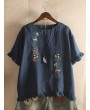 Embroidery Stringy Selvedge Short Sleeve Vintage Blouse