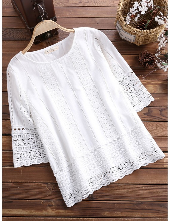 Lace Hollow Solid Color Half Sleeve Elegant Shirts