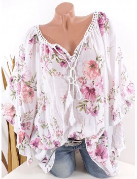 Laces Patchwork Floral Print Bandage Half Sleeve Blouse