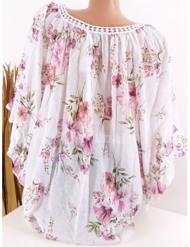 Laces Patchwork Floral Print Bandage Half Sleeve Blouse