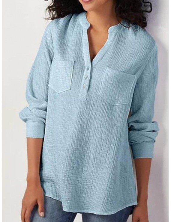 Long Sleeve Solid Color V-neck Loose Blouse For Women